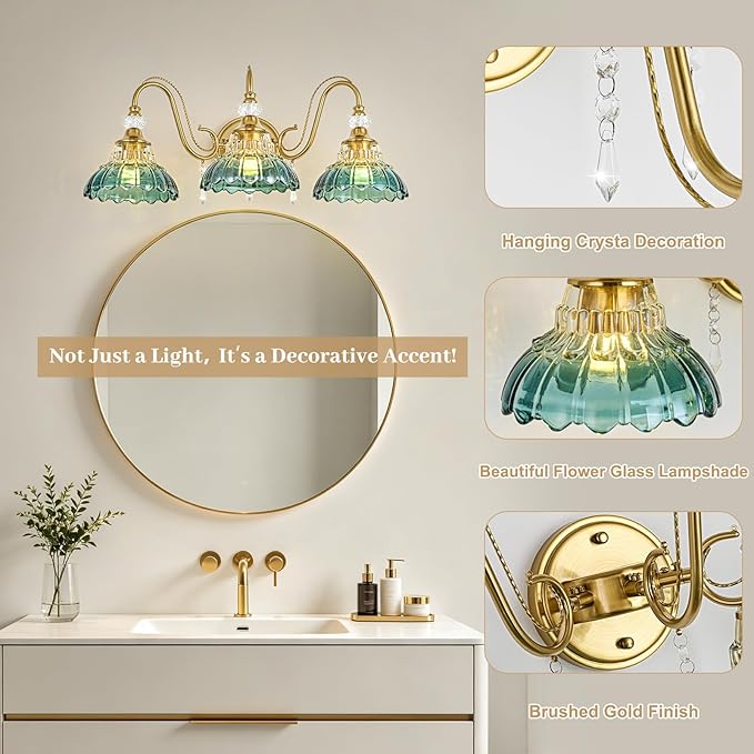 Vintage Bathroom Vanity Light, 3-Light Brushed Gold Finish Wall Sconce with Hanging Crystal Accents and Flower-Shaped Teal Glass Shades, Retro Wall Mount Vanity Light Over Mirror for Bathroom