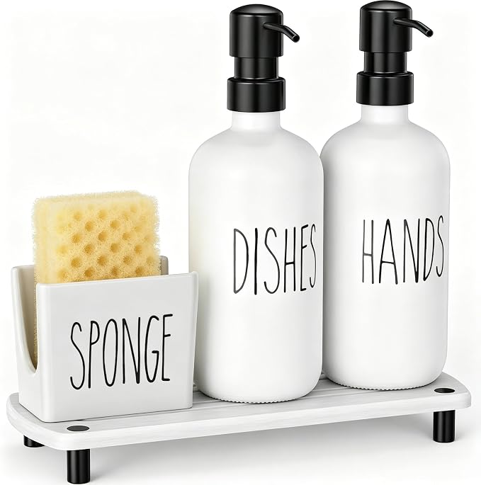 Cisily Kitchen Soap Dispenser Set Comes with Ceramics Sponge Holder, Gold Pumps, and Instant Dry Tray, Hand and Dish Soap Dispenser Set (4, Black + White + Sponge Holder)