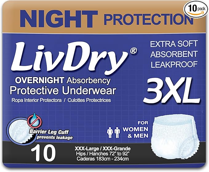 LivDry 3XL Overnight Adult Diapers for Women and Men, XXXL Incontinence Underwear, 72”-92" Waist, Disposable Pull-On Briefs, XXX-Large, 10 Count