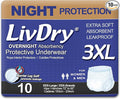 LivDry 3XL Overnight Adult Diapers for Women and Men, XXXL Incontinence Underwear, 72”-92" Waist, Disposable Pull-On Briefs, XXX-Large, 10 Count