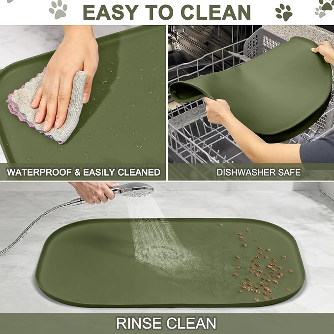 SMILOOL Waterproof Silicone Pet Food Mat with Raised Edge for Dog & Cat | 36" x 24" Non-Slip Large Pet Feeding Mats with Lip for Food & Water Bowl, Food Grade, Easy Cleaning, Light Olive Green