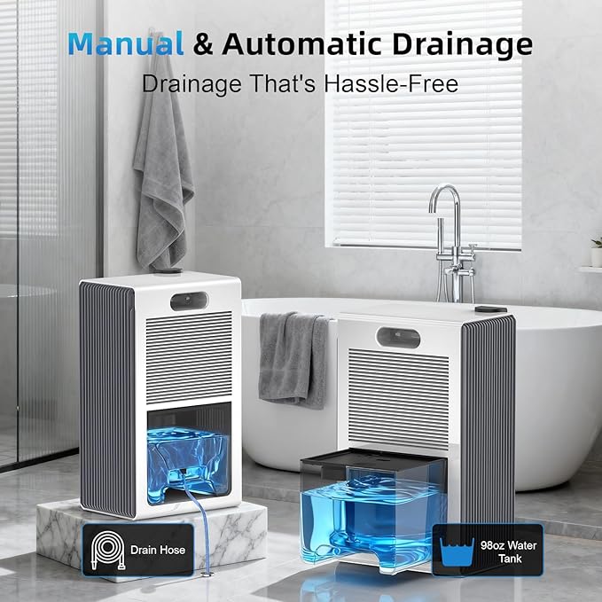 98 OZ Small Dehumidifier for Home 1000 Sq Ft, Quiet Dehumidifier with Drain Hose, Auto Shut-Off, Sleep Mode, 7-Color Light for Basement, Bedroom, Bathroom, Closet, RV (Grey White)