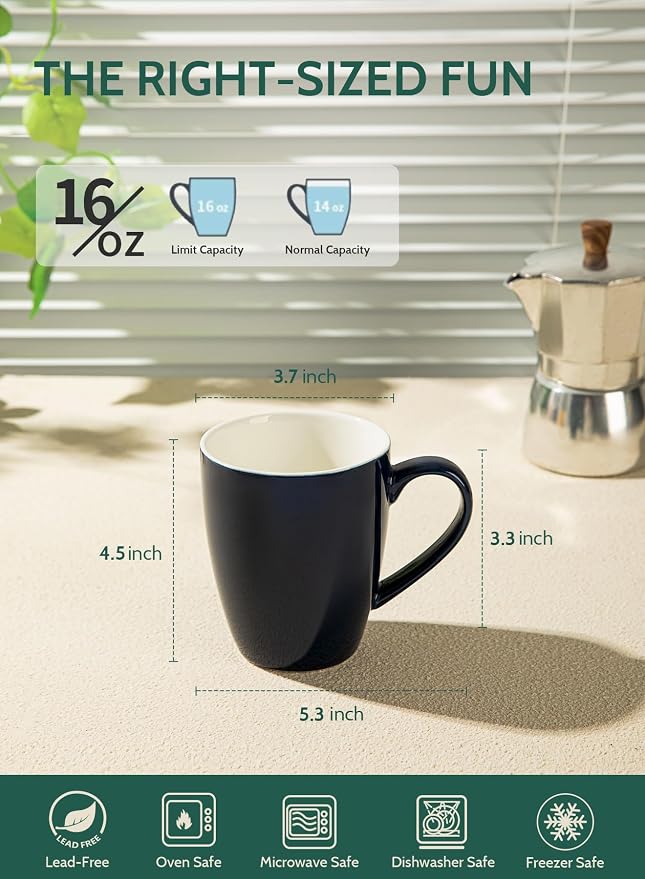 Sweese Porcelain Coffee Mugs - 16 Ounce (Top to the Rim) for Coffee, Latte, Tea, Cocoa, Set of 4, Navy