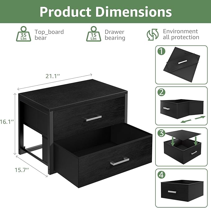 BOLUO Stackable Storage Drawers Closet Organizers and Storage Fabric 2 Drawer Dresser for Bedroom Set of 2 Black Modern