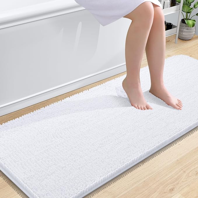 OLANLY Bathroom Runner Rugs 59x24, Extra Soft Absorbent Chenille Bath Rugs, Rubber Backing Quick Dry, Machine Washable Long Bath Mats for Bathroom Floor, Tub and Shower, Home Decor Accessories, White