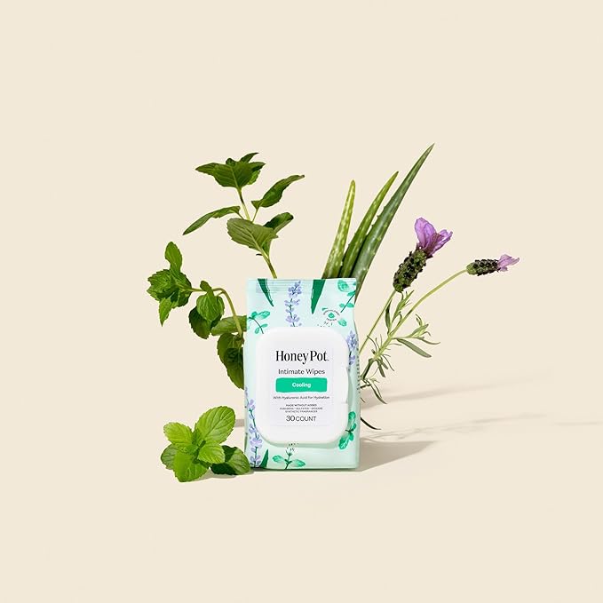 The Honey Pot Company - Feminine Wipes - Cooling - Cooling Tingle Effect - Herbal Infused w/Mint, Aloe Vera, Lavender - pH Balanced Feminine Care for Sensitive Skin - Cleansing Wipes for Women - 30ct