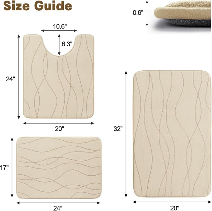 YIHOUSE Bathroom Rugs Set 3 Piece, Memory Foam Bath Mat Khaki | Ultra Soft, Absorbent, Non-Slip, Machine Washable, for Bathroom, Sink and Toilet