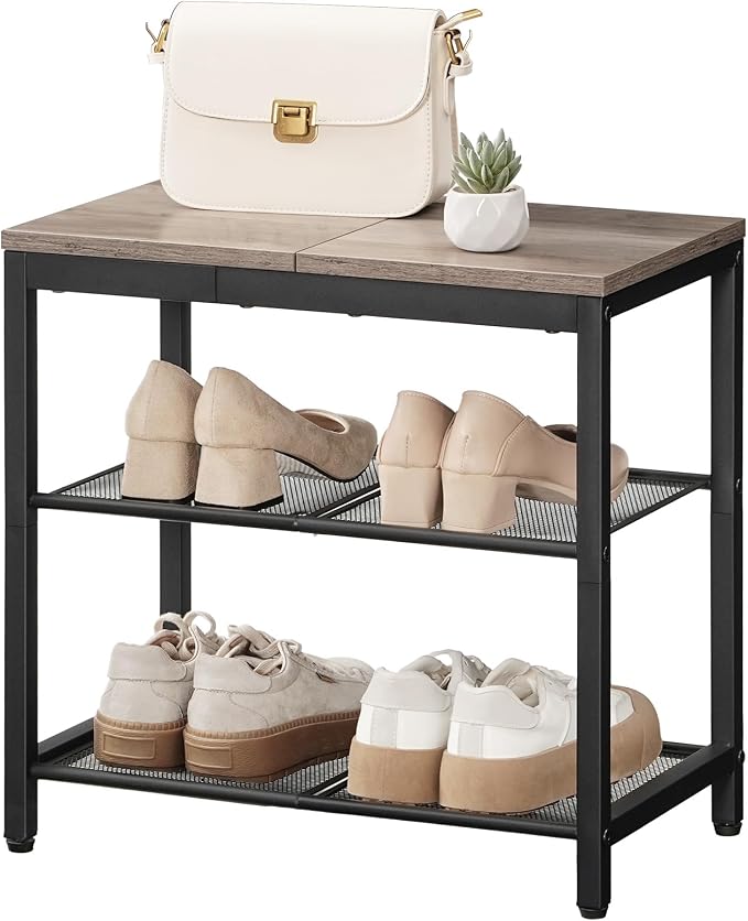 HOOBRO Shoe Bench, 3-Tier Shoe Rack, Industrial Shoe Organizer Storage Bench, 19.7 inches Entry Bench with Mesh Shelves, for Entryway, Living Room, Hallway, Easy Assembly, Greige BG50HX01