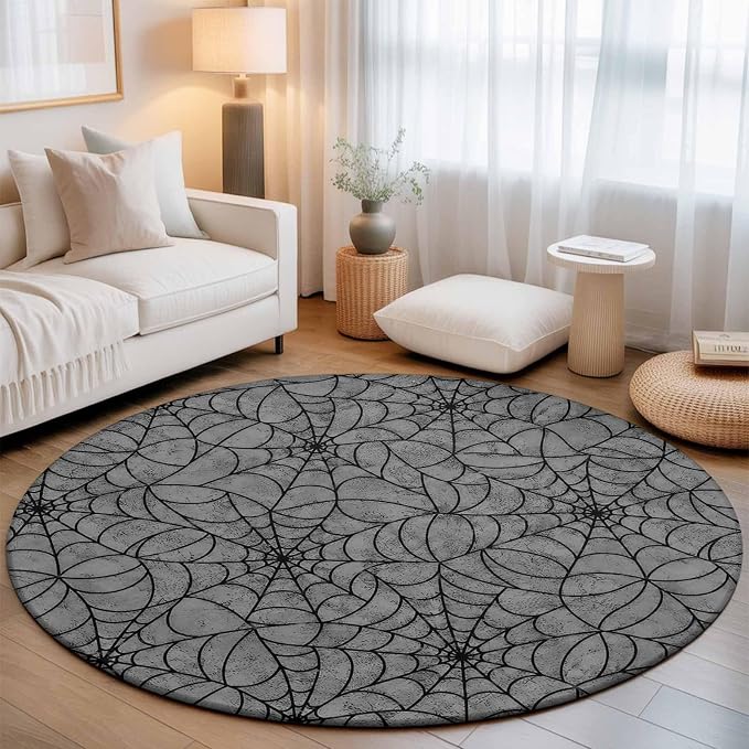 Round Area Rug 6', Grey Halloween Washable Area Rugs for Living Room Kitchen Bedroom Nursery Dining Room, Black Spiders Net Classic Gingham Non Slip Door Mat Indoor Floor Throw Circle Carpet