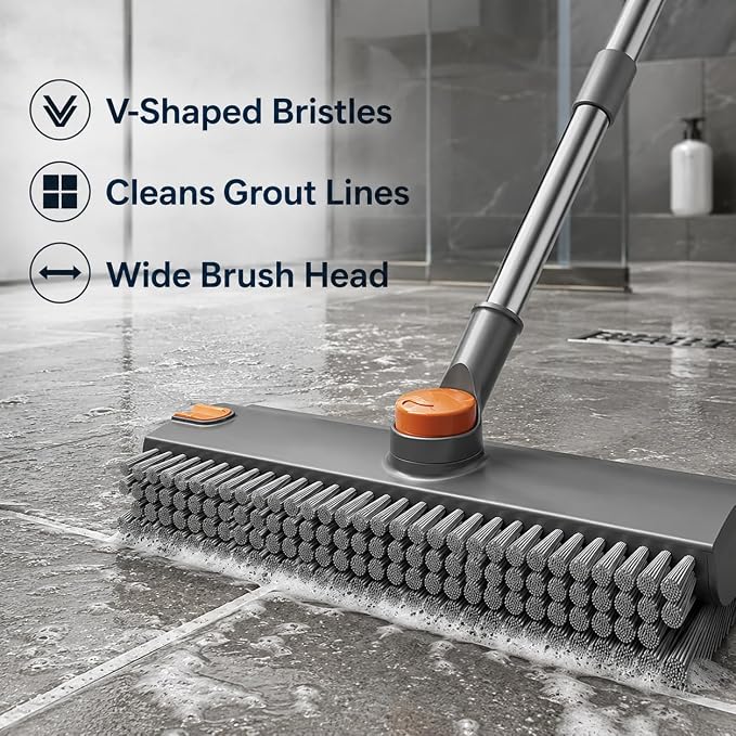 Floor Scrub Brush with Long Handle, V-Shaped Grout Brush and Squeegee for Tile, Bathroom, Shower, Gray (Floor Brush)