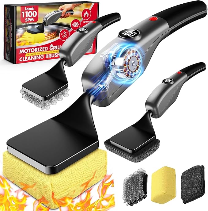 Bristle-Free Electric Grill Brush, Fire-Resistant BBQ Grill Brush, Reciprocating Grill Brush for Outdoor Grill, Grill Cleaner with 3 Heads, Cordless Grill Cleaning Brush with 3600 mAn, Silver