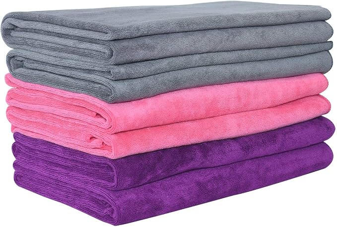JML Microfiber Bath Towel Set, 27" x 55", 6 Pack | Hanging Loop, Extra Absorbent, Fast Drying, Lint-free, Use for Pool, Swimming, Fitness, Sports, Yoga, Grey/Pink/Purple