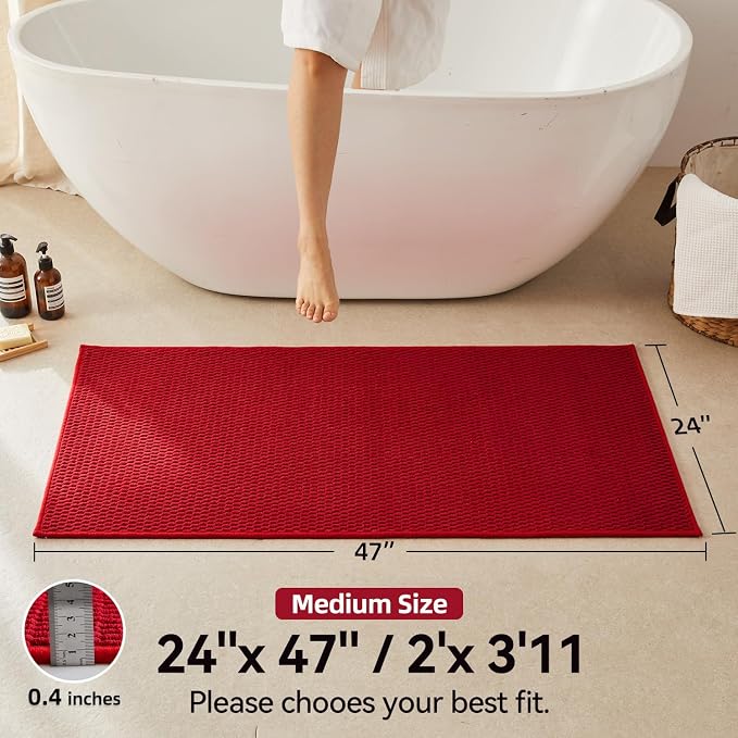 Triohero Bathroom Rugs Non Slip Washable, Super Absorbent Thin Bath Mat Quick Dry Low Pile Bathroom Rug, Red 24"x47"