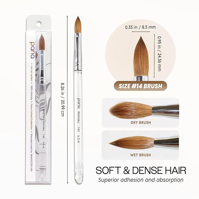 PANA Pure Kolinsky Hair Acrylic Nail Brush - Oval Crimped Shape Silver Ferrule with Clear Acrylic Handle (Size 14)