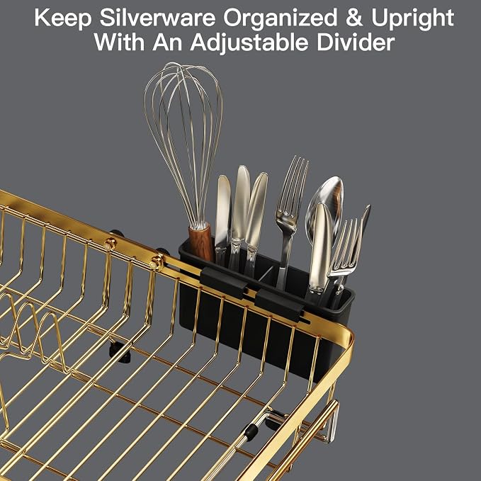 Gold Dish Drying Rack Over The Sink with Utensil Holder, Mat | Expandable Stainless Steel Dish Drainer for Small Kitchen, Apartment, RV, Counter Space Saving, Perfect Fit, Rustproof
