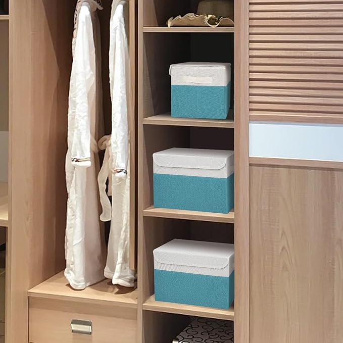 Bagnizer Large 22 Quart Linen Fabric Foldable Storage Bin Cube Organizer Basket with Flip-Top Lid & Handles, Clothes Blanket Box for Home, Office, Closet, Teal & White, 4 Pack 14.6 x 9.5 x 9.5