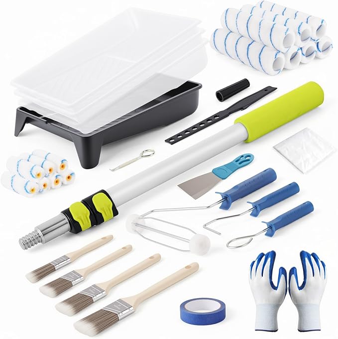 Housolution 33PCS Paint Roller Kit with 2–4 FT Extension Pole, 4 Inch 9 Inch Microfiber Paint Roller, 4 Brushes, Painters Tape, Drop Cloth, Professional Painting Supplies for Walls Ceilings and Home