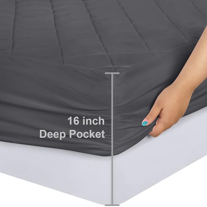 Quilted Fitted Mattress Pad, King Mattress Protector Topper with Deep Pocket Stretches up to 16 Inches, Machine Washable Mattress Cover by Utopia Bedding (Grey)