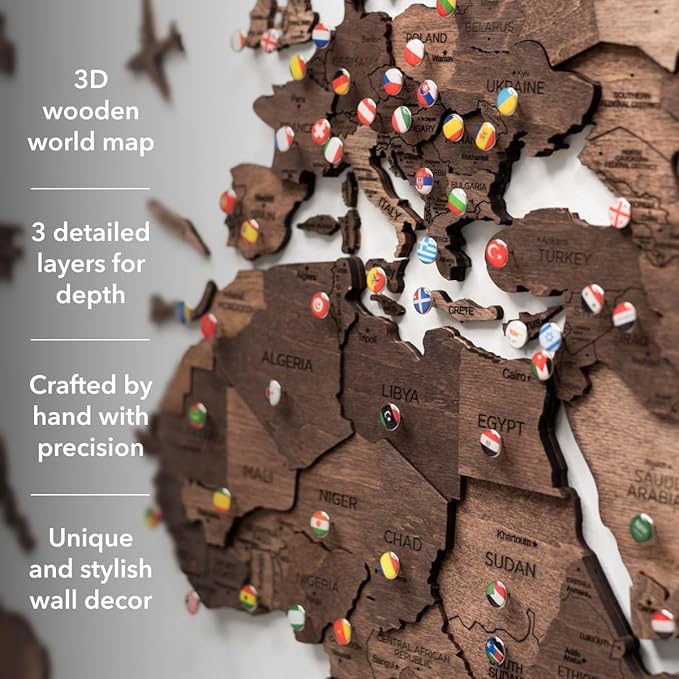 ENJOY THE WOOD 3D Wood World Map Wall Art Large Wall Décor - World Travel Map - Any Occasion Gift Idea - Art for Home & Kitchen or Office (2XL, Dark Walnut)