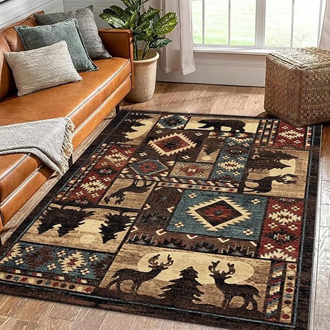 Empire Bear Cabin Area Rug for Entrance Kitchen Vintage Bohemian Tribal Rugs Non-Slip Rustic Lodge Moose Deer Floor Mats 3'x5'