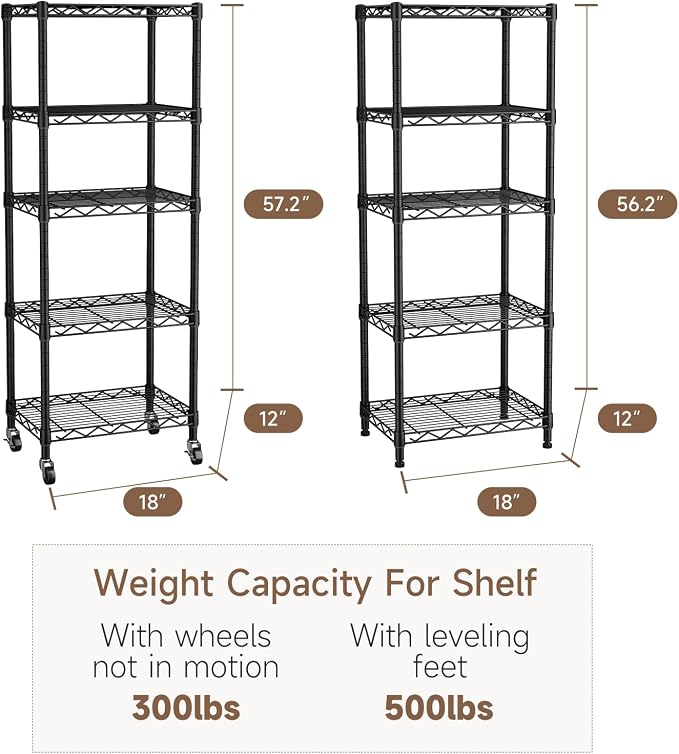 Golpart Small 5 Tier Shelves Storage Wire Shelving Unit Metal Shelf Adjustable Organizers Storage Shelving with Wheels for Bathroom Laundry Room Kitchen Pantry11.7”D x 17.7”W x 57.2”H Black