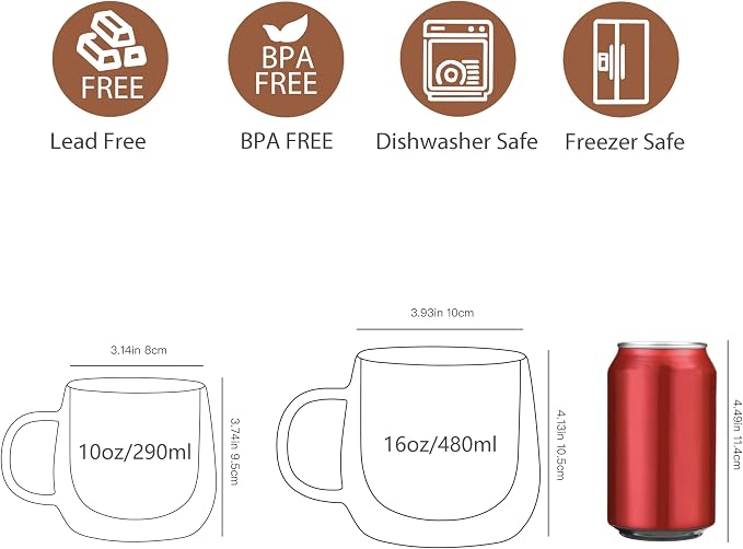 CNGLASS 16oz Double Walled Glass Coffee Mugs(4-pack),Large Clear Coffee Cups with Handle,Glass Espresso Mugs for Latte,Cappuccino,Tea