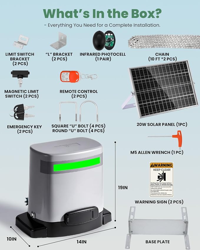 1300lb Sliding Gate Opener with Chain Drive & Solar Power, Automatic Slide Gate Motor Kit for 40ft Gates, WiFi App & Remote Control, Built-in Backup Battery & Anti-Collision Sensor