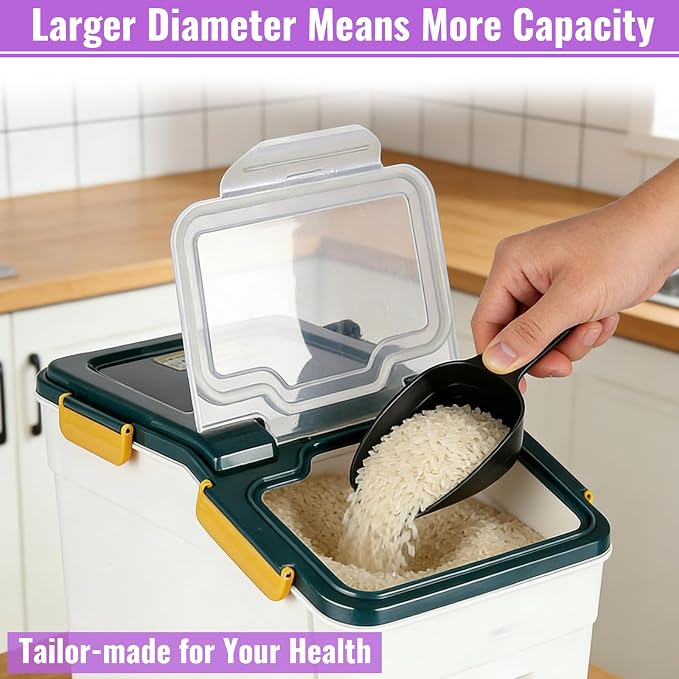 Rice Container 25 lbs Large Bulk Flour Sugar Storage Holdhouse Plastic Grain Cereal Dry Goods Bin with Spoon and Measuring Cup for Kitchen Pantry Organization - Blue