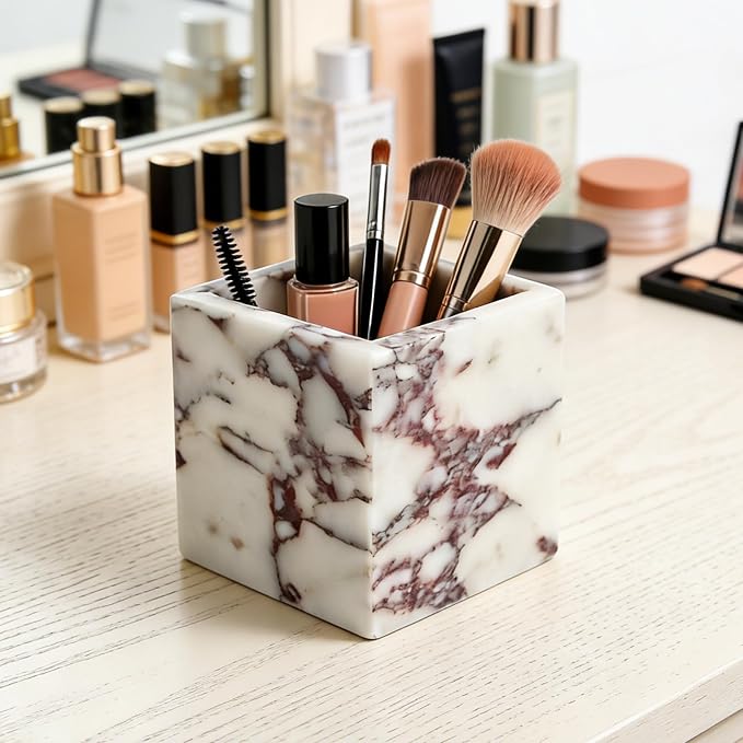 Natural Marble Makeup Brush Holder for Vanity, Marble Toothbrush Holder for Bathroom, Luxurious Countertop Organizer, Calacatta Viola Bathroom Accessories Square