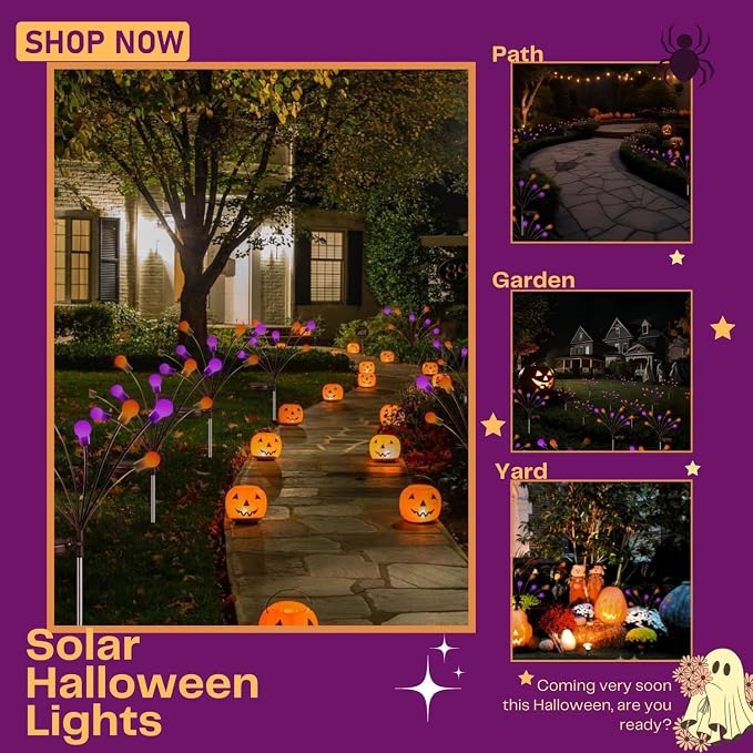 OZS 6Pack 48LED Solar Firefly Halloween Lights Outdoor for Party Decor | Purple Orange Lights for Halloween Decorations, Swaying Firefly Effect, IP65 Waterproof, 2 Modes for Path Garden Yard