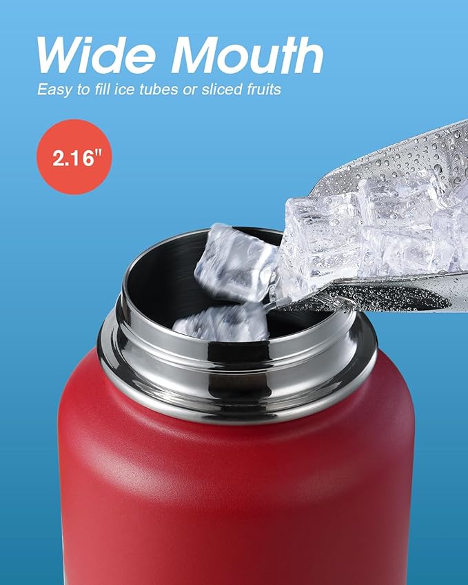 Coolflask Water Bottle 40 oz Insulated with Straw, Stainless Steel Metal 3 Lids Water Flask for Sports or Office, Keep Cold 48H Hot 24H, Red