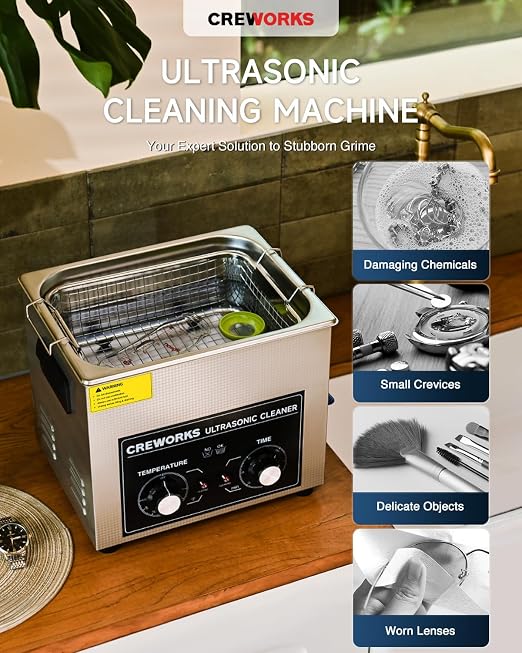 CREWORKS 10L Ultrasound Cleaning Machine with Heater and Timer, 240W Stainless Steel Ultrasonic Washing Machine, 2.6 gal Professional Ultrasound Parts Cleaning Machine for Lab Tool Glasses Auto Part