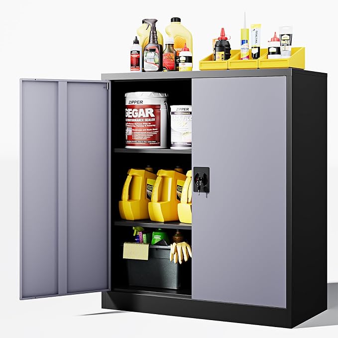 Metal Storage Cabinets with Lock Door,2 Adjustable Shelves Organizer Steel Storage Cabinets for Home,Office,Warehouse,Garage,Employee Lockers(Black Gray)