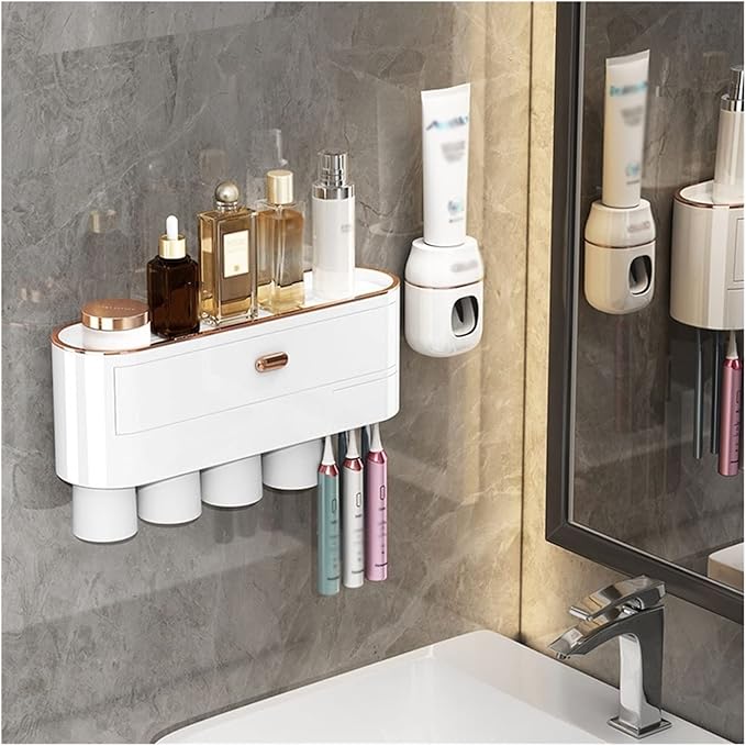 Toothbrush Rack Wall-Mounted Toothbrush Holder Punch-Free Multifunctional Storage Rack with Mouthwash Cup Toothpaste Squeezer Kit Bathroom Toothbrush Holder(B,Medium)