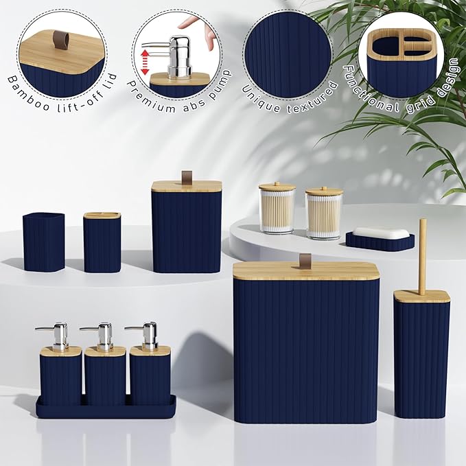 Bathroom Accessory Set - Navy Blue Bathroom Set, 12PC Bathroom Accessories Set, Blue Bathroom Accessories Set, Mini Trash Can, Toilet Brush, Trash Can & Soap Dispenser