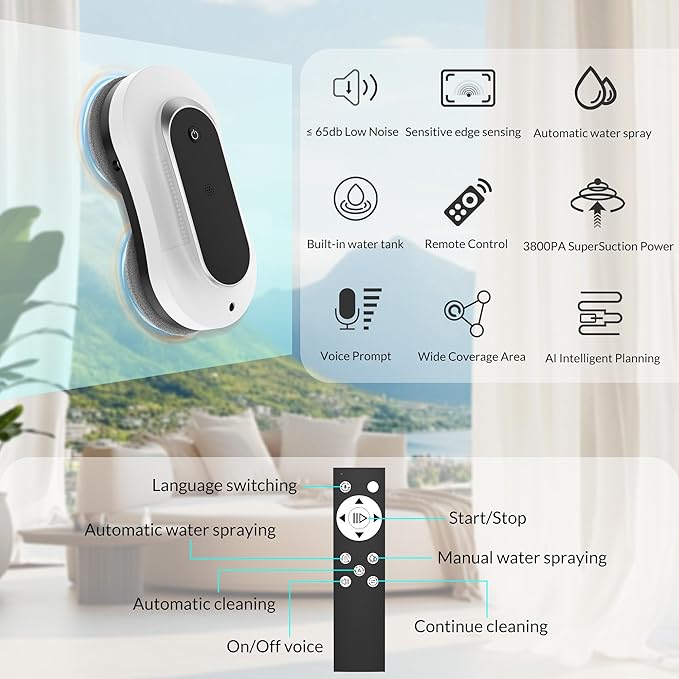 Smart Winbot,Window Cleaning Robot with Dual Water Spray, Automatic Window Cleaner Robot for Windows/Tiles/Glass Door,3000Pa Suction Power, Edge Detection Technology,APP&Remote Control Washer