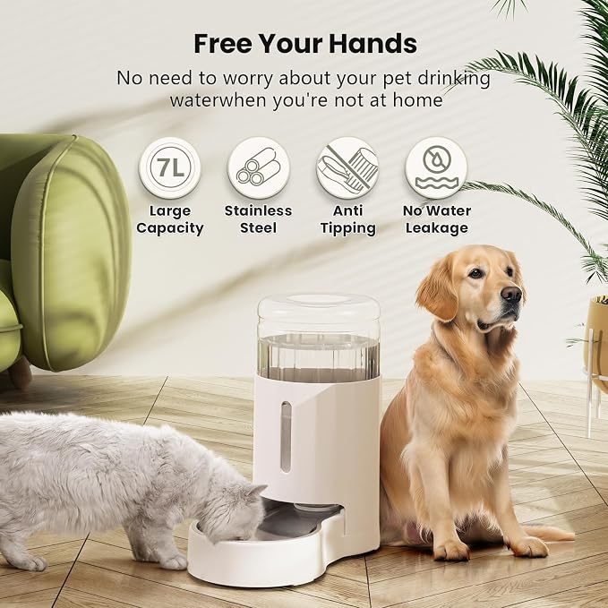 CZPET Dog Water Bowl Dispenser 7L, Wider Mouth Gravity Refilling (White) | With Stainless Steel Bowl Gravity Waterer, Large Capacity and Drinking Area Noise-Free for Pets