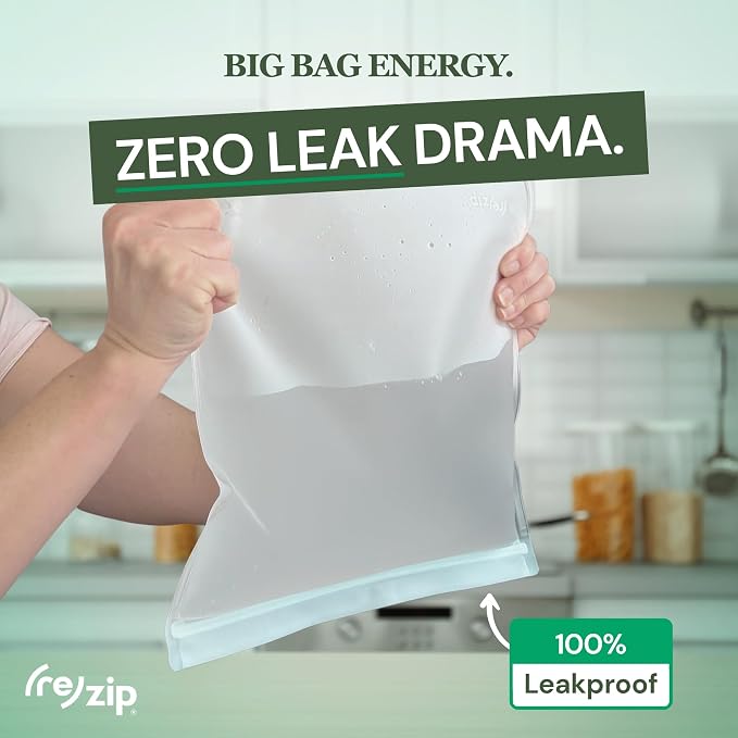 (re) zip Gallon Reusable Storage Bags, BPA-Free, Leakproof, Food-Grade 100% Food-Safe PEVA, for Food Storage and Freezer Use, Holds 16 cups | 128 fl oz, 4-Pack (Clear)
