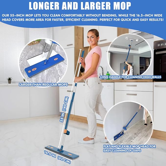 16.5" Self Wringing Flat Mop and Collapsible Bucket Set - Hands-Free Wet & Dry Microfiber Mop with Built-in Squeegee & 5 Washable Pads - Floor Cleaner for Hardwood, Laminate, and Tile