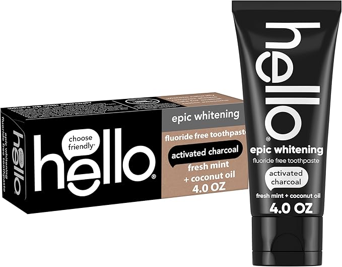 hello Epic Whitening Activated Charcoal Toothpaste, 4 oz | Fluoride Free, Fresh Mint and Coconut Oil, Whitens Teeth Naturally, Enamel Safe, Vegan, SLS Free, Dye Free