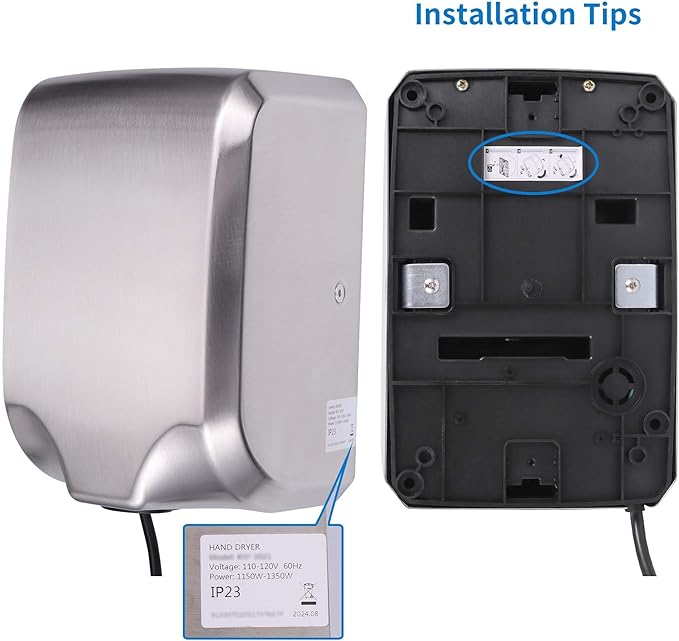 Goetland 304 Stainless Steel Hand Dryer Commercial Compact 1350w 70dB Heavy Duty Dull Polished for Bathroom Home Business Apartment