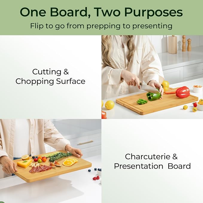 Keechee Natural Bamboo Cutting Board for Kitchen, XL Carving Board | Deep juice grooves, built-in handles, heavy duty large wood block for meat and vegetables