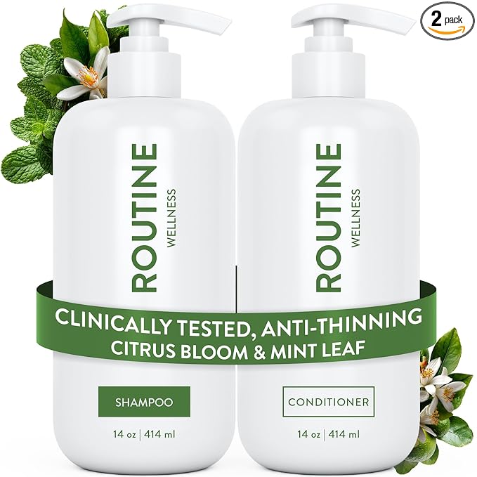 Routine Wellness Anti-Thinning Shampoo and Conditioner Set for Thinning Hair - Biotin DHT Blocker Women & Men - Color Safe Shampoo for Hair Loss & Healthier Hair - Citrus Bloom & Mint Leaf Set