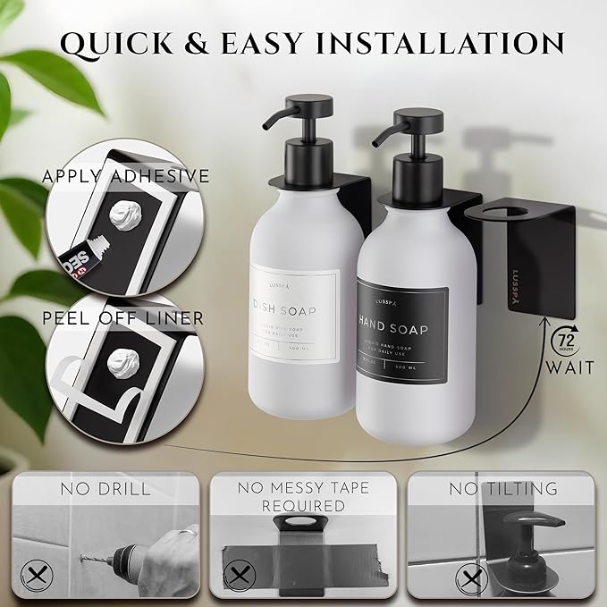 Shower Shampoo Dispenser Wall Mounted – 3 Refillable 16.9 oz White Bottles with Stainless Steel Pumps & No-Drill Adhesive Holders – Soap Dispenser Set for Bathroom (3 X White/Black)