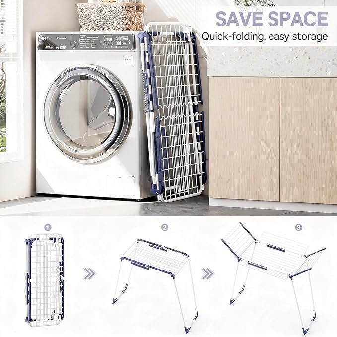 APEXCHASER Clothes Drying Rack Foldable - Drying Rack Clothing Large Space, Winged Laundry Rack with Sock Clips for Hanging Towels Clothes Dress Bedding Indoor Outdoor, White