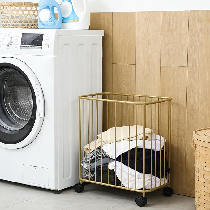 Gold Laundry Basket, Metal Laundry Hamper with Wheels, Rolling Storage Cart, Large Capacity Clothes Organizer, 77Lbs Load, Modern Hollow Design for Bedroom, Bathroom, 15.7x9.8x15.7In