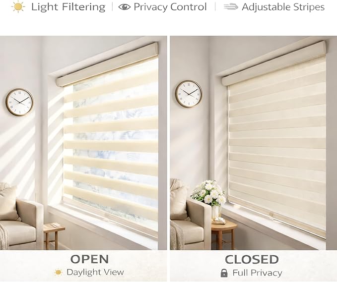 ShadesU Cordless Zebra Blinds – Light Filtering Dual-Layer Window Shades for Privacy (Ivory Color) (Maximum Height 72") (Width 54")