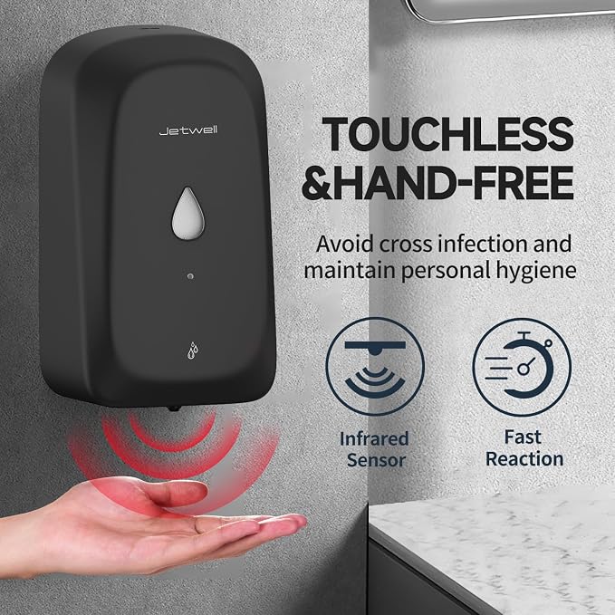 JETWELL Touchless Wall Mount Stainless Steel Soap Dispenser 34OZ/1000ML | Black Matte Cover, Large Capacity, Battery Powered, Liquid Soap, Commercial & Home Use