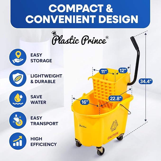 PLASTIC PRINCE Commercial Mop Bucket with Wringer on Wheels, Heavy Duty Industrial Mop Bucket and Wringer for Home Office Restaurant Business, 26 Quart - Yellow