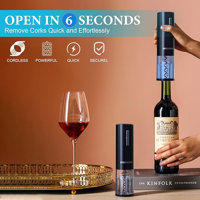 Moocoo Electric Wine Opener with Charging Base, Cordless Electric Wine Bottle Opener with 2-in-1 Aerator &Pourer, Foil Cutter, 2 Vacuum Preservation Stoppers, Display Charging Station for Easy Storage